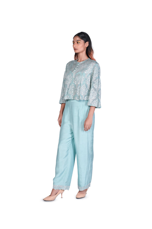 Mint flower bunch EMB Crop Top with Pants